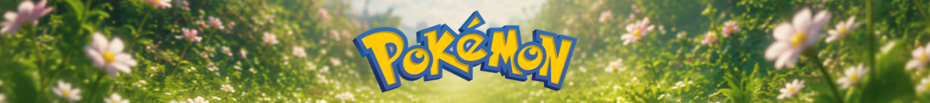 Desktop-Banner mit Pokémon Logo vor einer sonnigen Blumenwiese für die Pokémon-Kategorie.