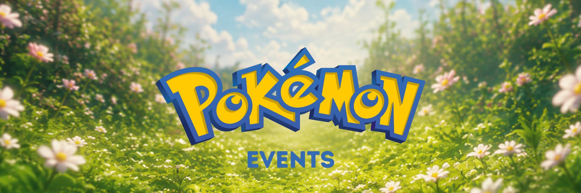 Mobiles Banner für Pokémon Events mit Logo und Schriftzug auf einer blühenden Wiese.