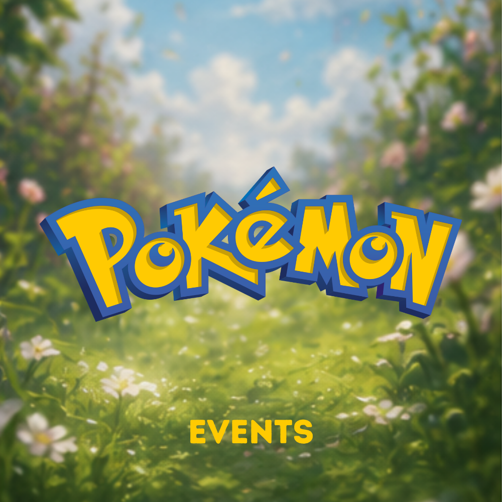 Kategoriebild für Pokémon Events mit Logo und Schriftzug vor einer grünen Blumenwiese.