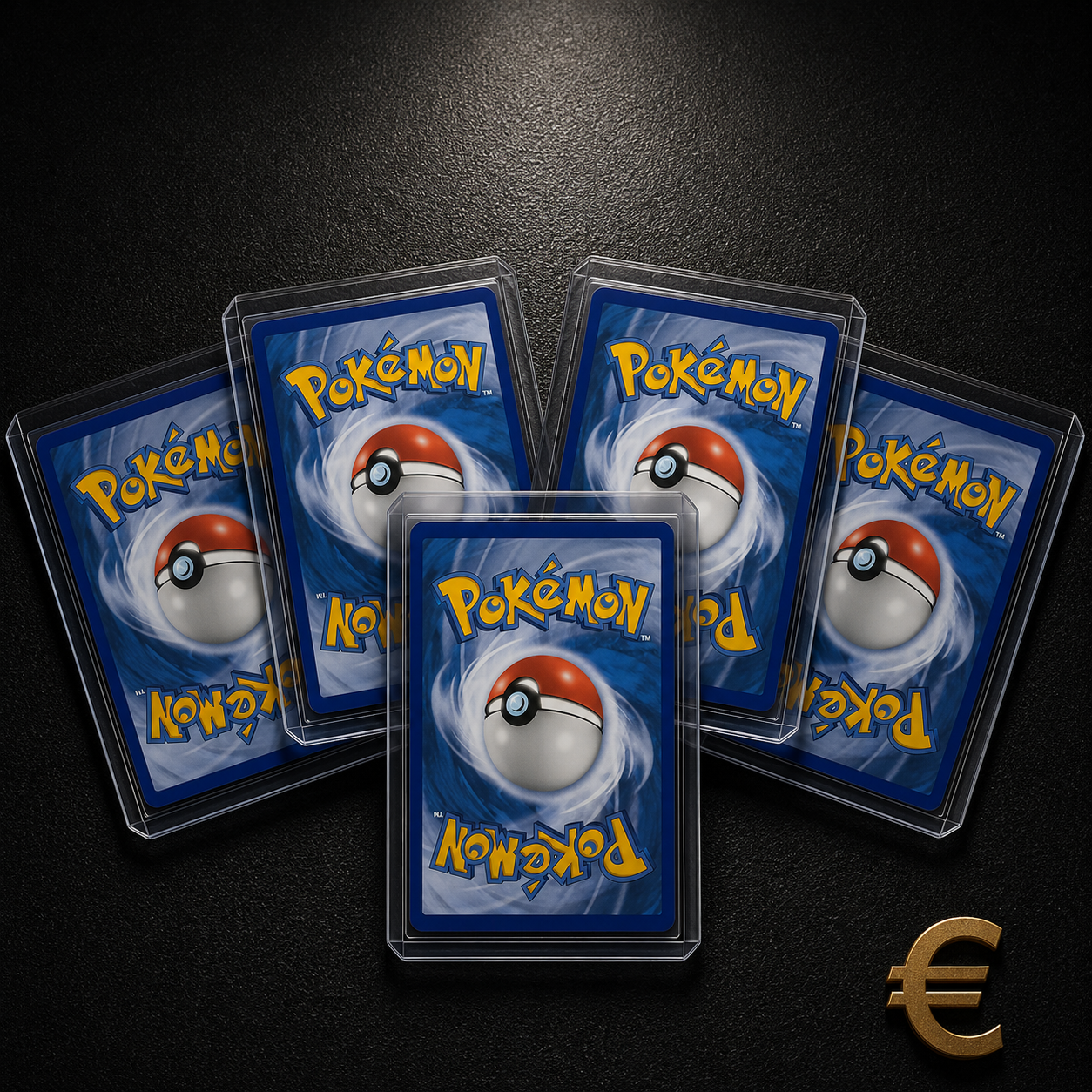 Fünf geschützte Pokémon-Sammelkarten mit sichtbaren Rückseiten und Eurosymbol für den Kartenankauf.