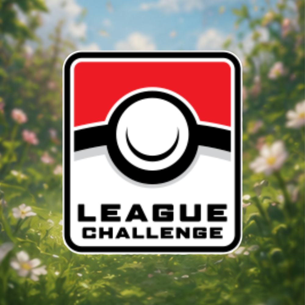 Pokémon League Challenge Logo vor einer unscharfen grünen Blumenwiese.