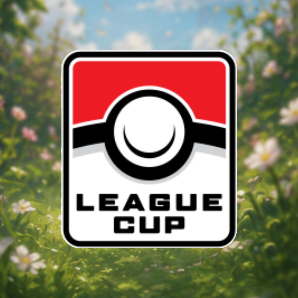 Pokémon League Cup Logo vor einer unscharfen grünen Blumenwiese.