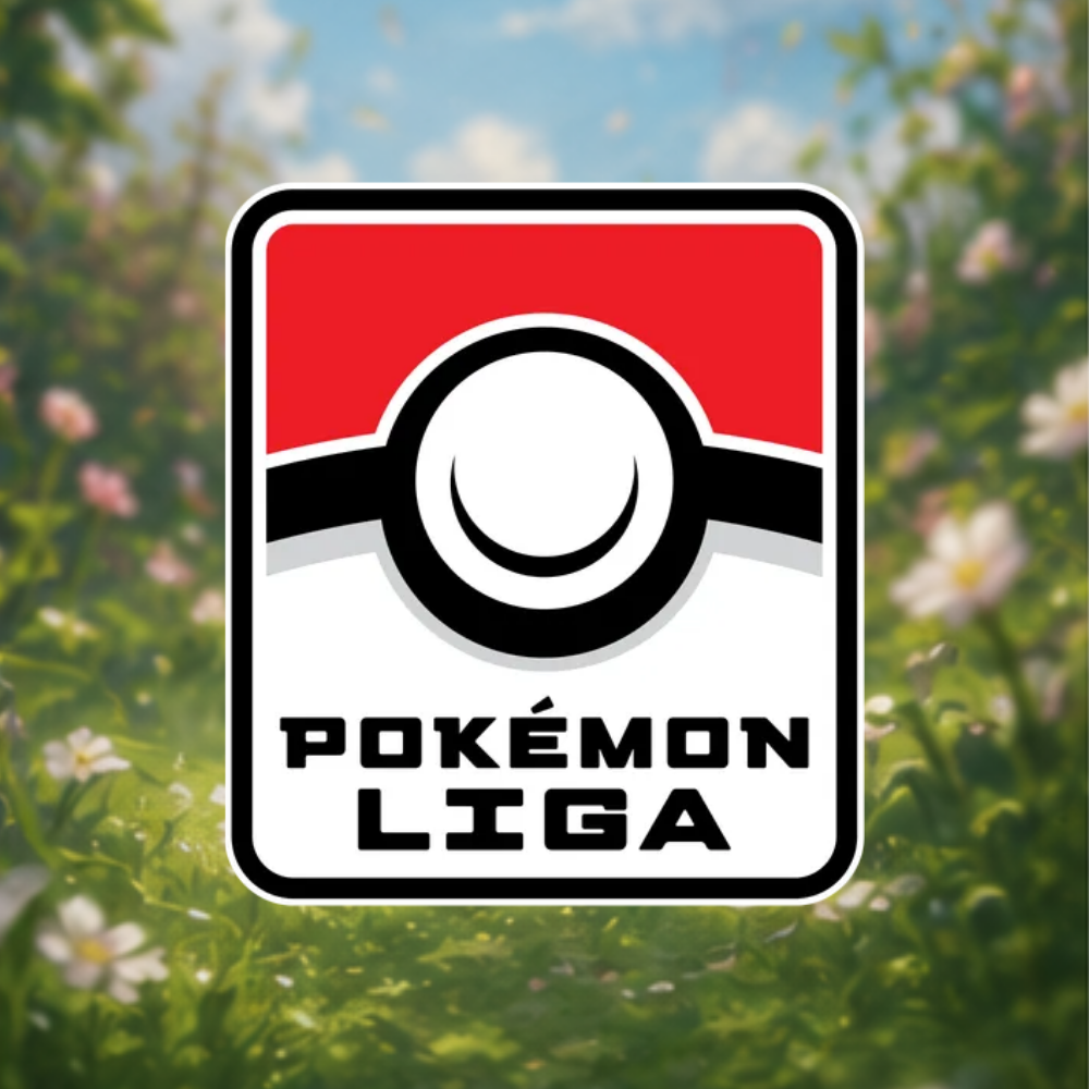 Pokémon Liga Logo vor einer unscharfen Blumenwiese als Kategoriebild für Liga-Veranstaltungen.