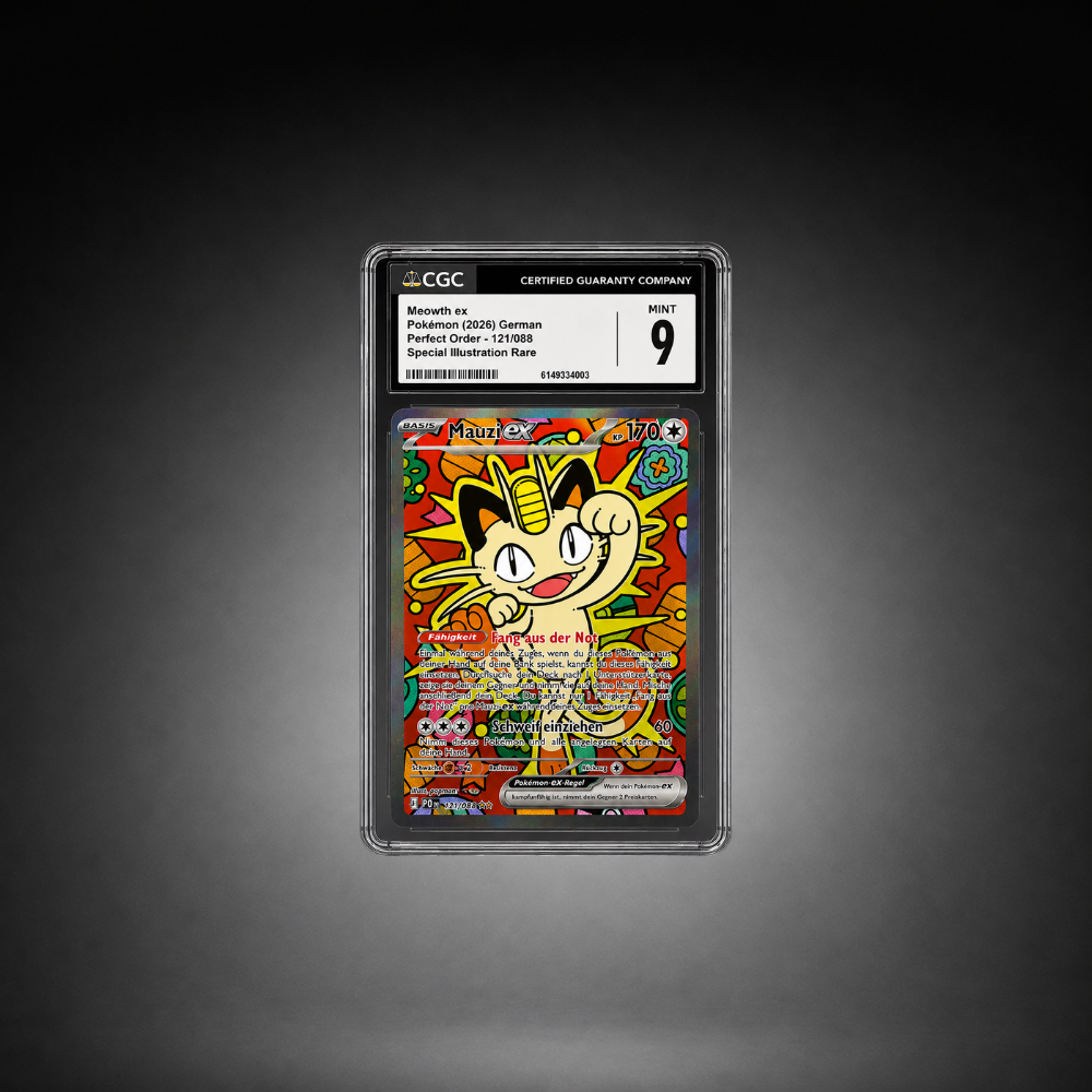 CGC 9 bewertete Pokémon Mauzi ex Karte in deutscher Sprache als gegradete Sammelkarte.