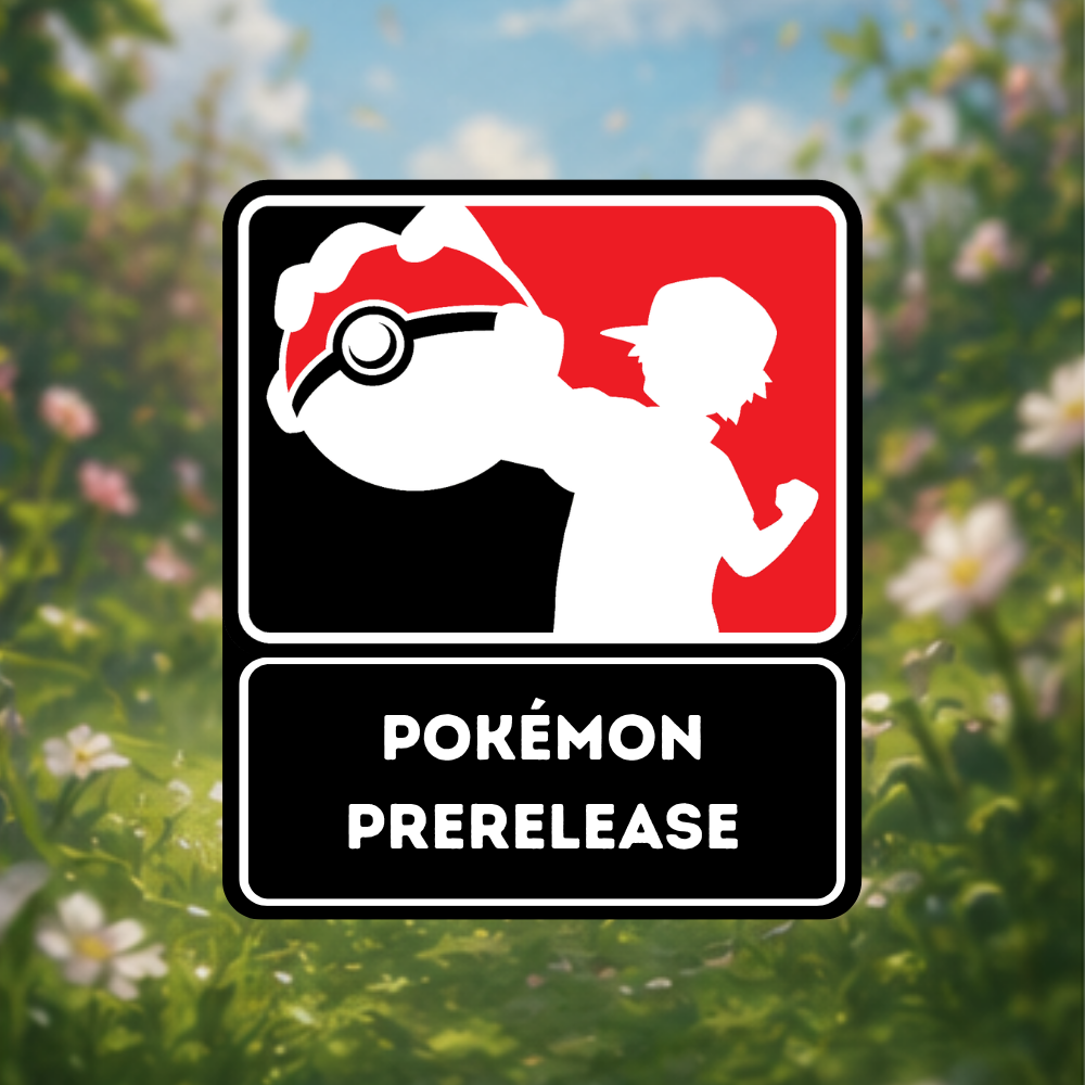 Pokémon Prerelease Logo vor einer unscharfen Blumenwiese als Kategoriebild für Prerelease-Events.