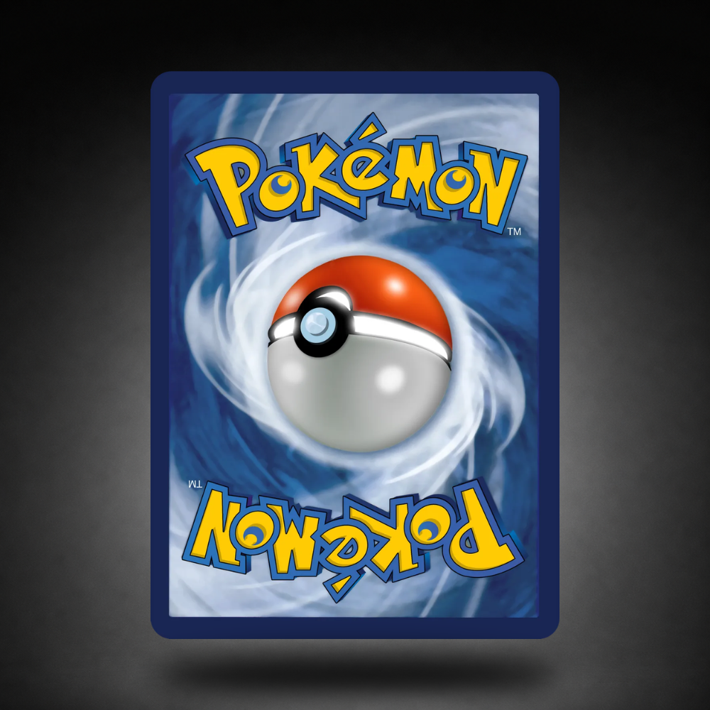 Rückseite einer Pokémon-Sammelkarte mit Pokéball und blauem Wirbel auf dunklem Hintergrund.