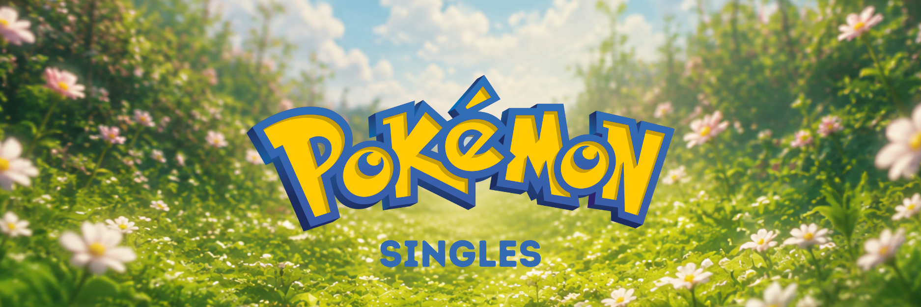 Mobiles Banner für Pokémon Singles mit Logo vor einer sonnigen Blumenwiese.