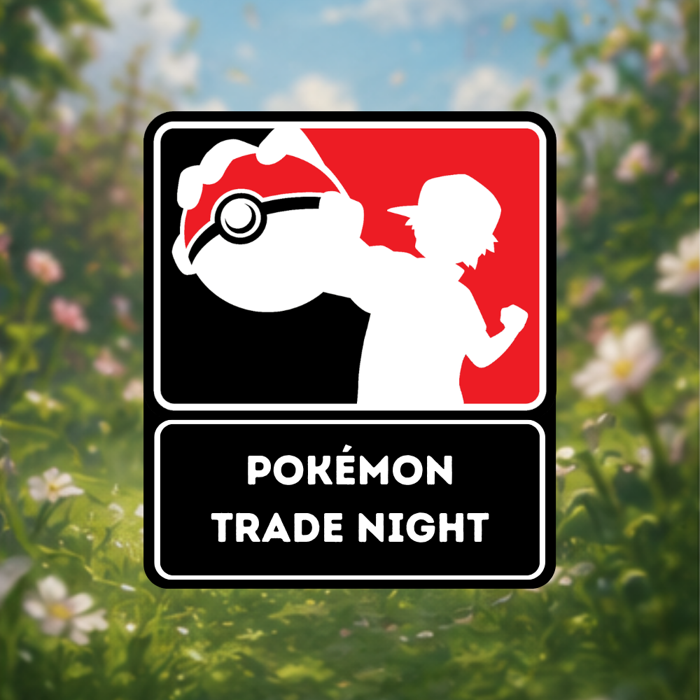Pokémon Trade Night Logo vor einer unscharfen Blumenwiese als Kategoriebild für Tauschveranstaltungen.