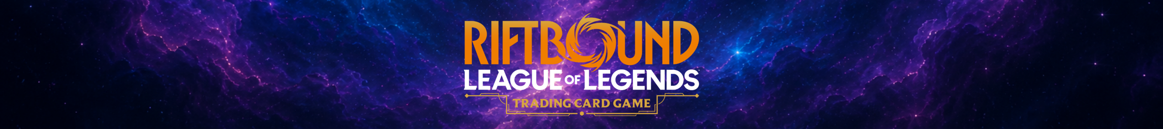 Desktop-Banner mit Riftbound League of Legends Trading Card Game Logo vor kosmischem Hintergrund.
