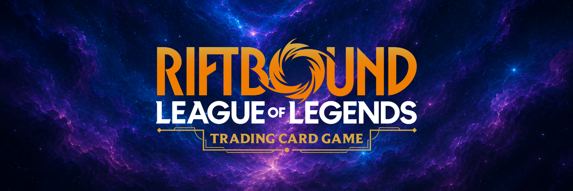 Mobiles Banner mit Riftbound League of Legends Trading Card Game Logo vor kosmischem Hintergrund.