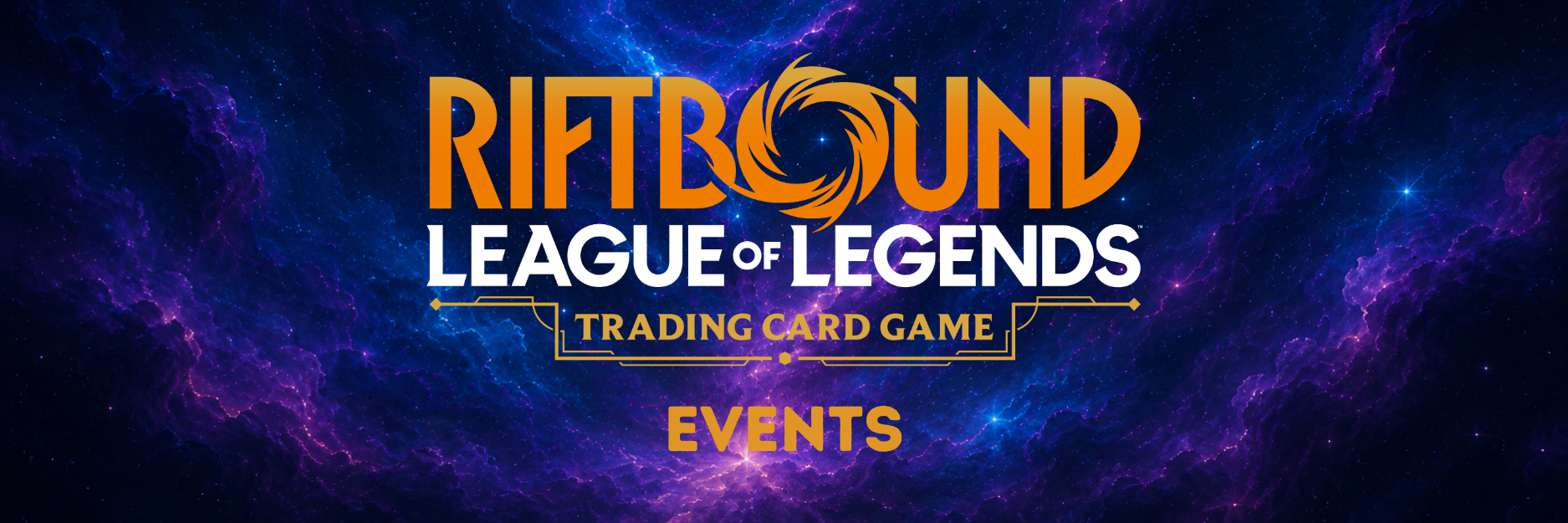 Mobiles Banner für Riftbound League of Legends Trading Card Game Events mit Logo vor kosmischem Hintergrund.