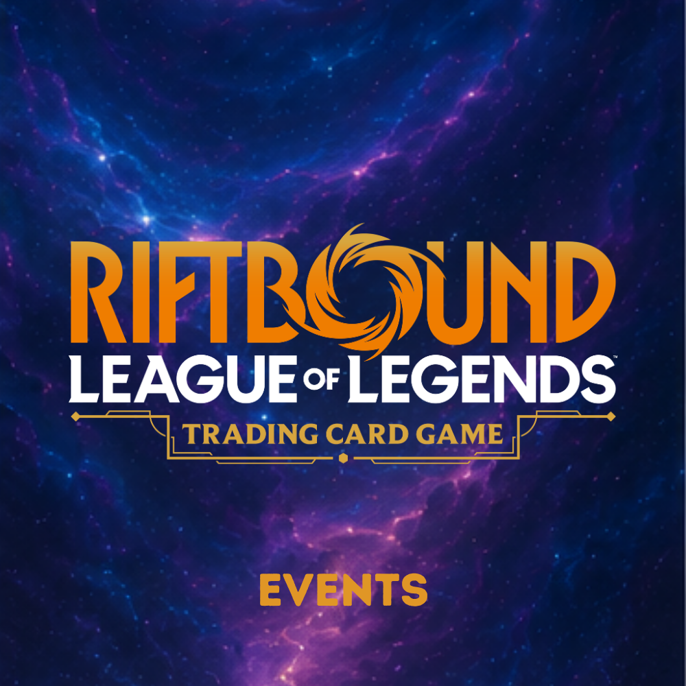 Riftbound League of Legends Trading Card Game Events als Kategoriebild vor kosmischem Hintergrund.