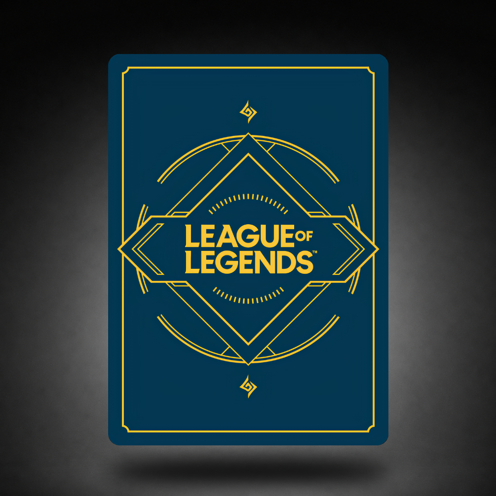 Kartenrückseite des Riftbound League of Legends Trading Card Game mit goldenem Logo auf blauem Hintergrund.