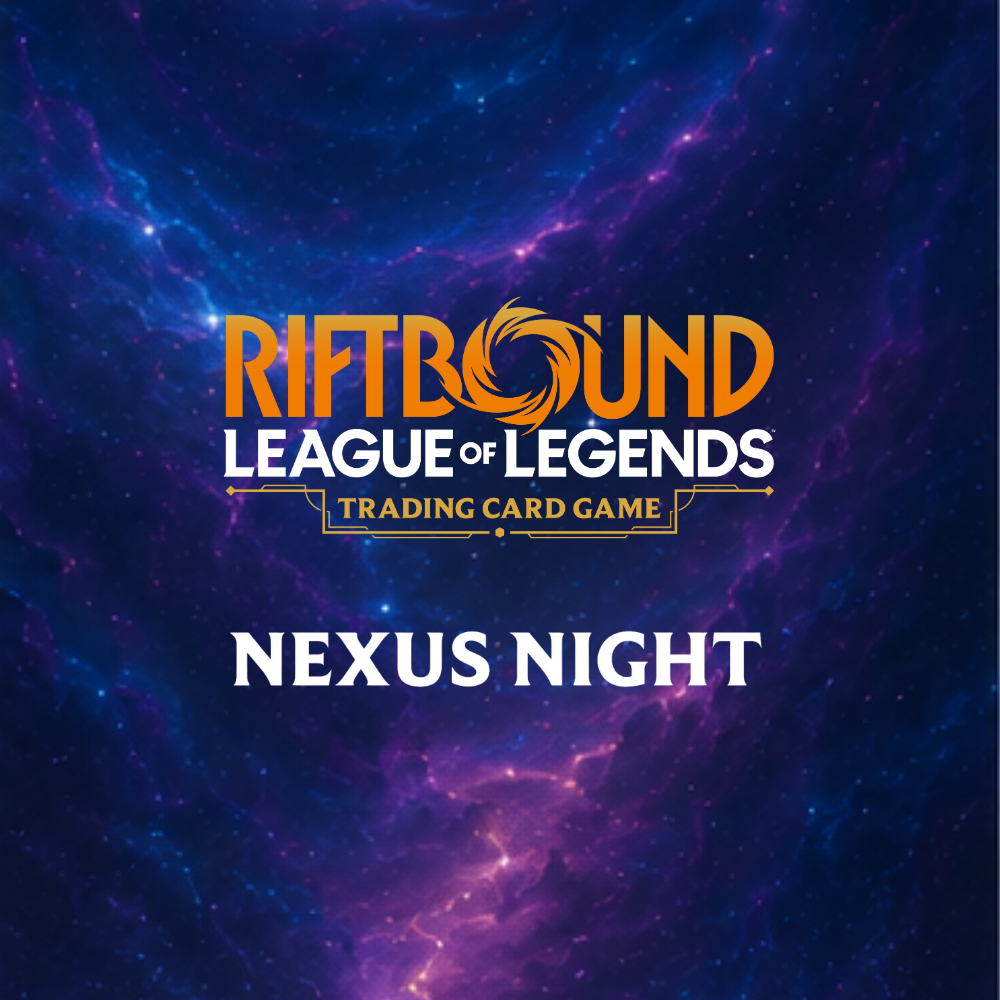 Riftbound League of Legends Trading Card Game Nexus Night als Kategoriebild vor kosmischem Hintergrund.