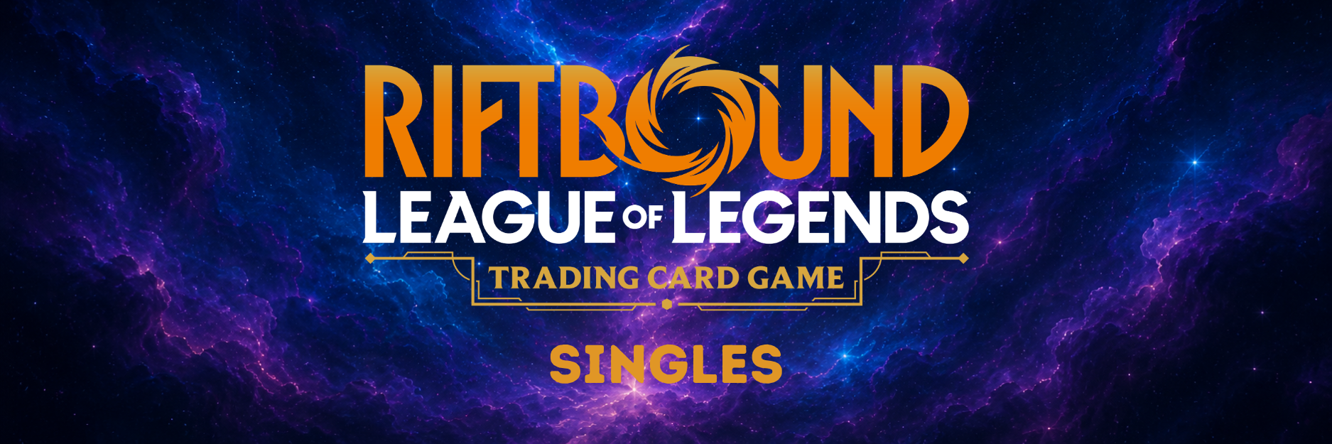 Mobiles Banner für Riftbound League of Legends Trading Card Game Singles mit Logo vor kosmischem Hintergrund.