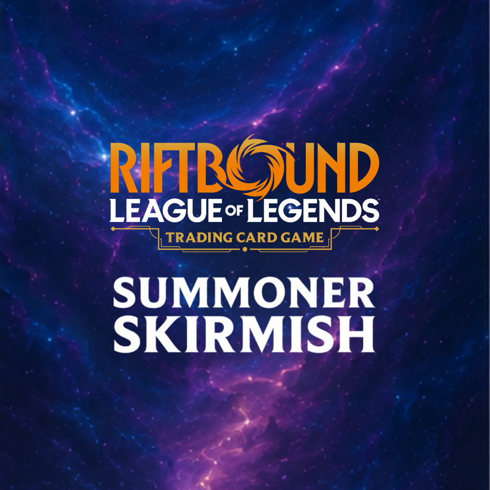 Riftbound League of Legends Trading Card Game Summoner Skirmish als Kategoriebild vor kosmischem Hintergrund.