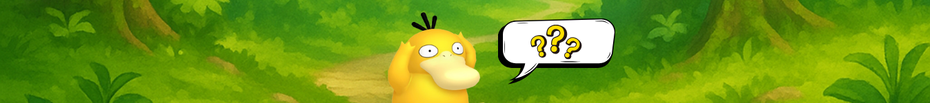 Pokémon Enton mit Sprechblase voller Fragezeichen vor Waldhintergrund als Desktop-FAQ-Banner für Trinket Mage.