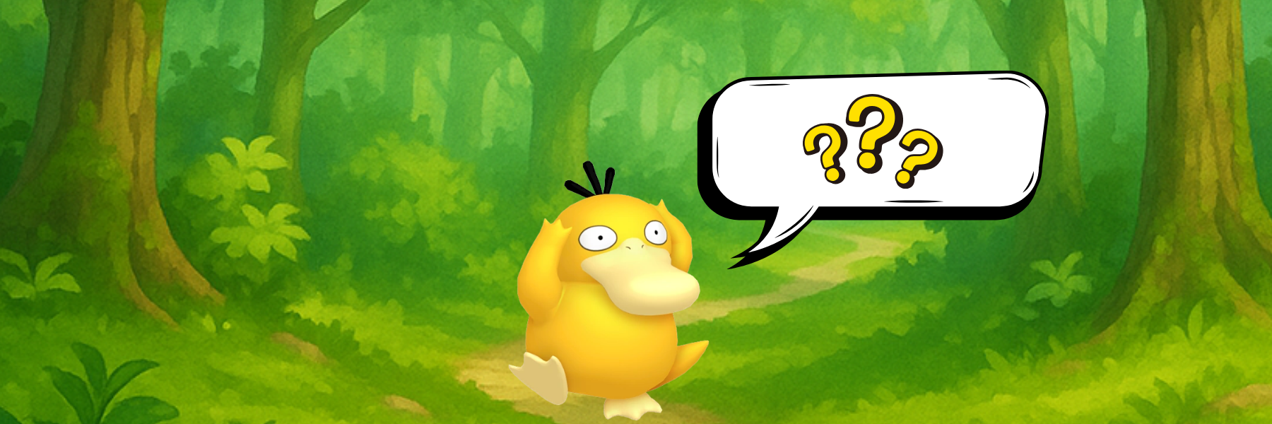 Pokémon Enton mit Sprechblase voller Fragezeichen vor Waldhintergrund als mobiles FAQ-Banner für Trinket Mage.