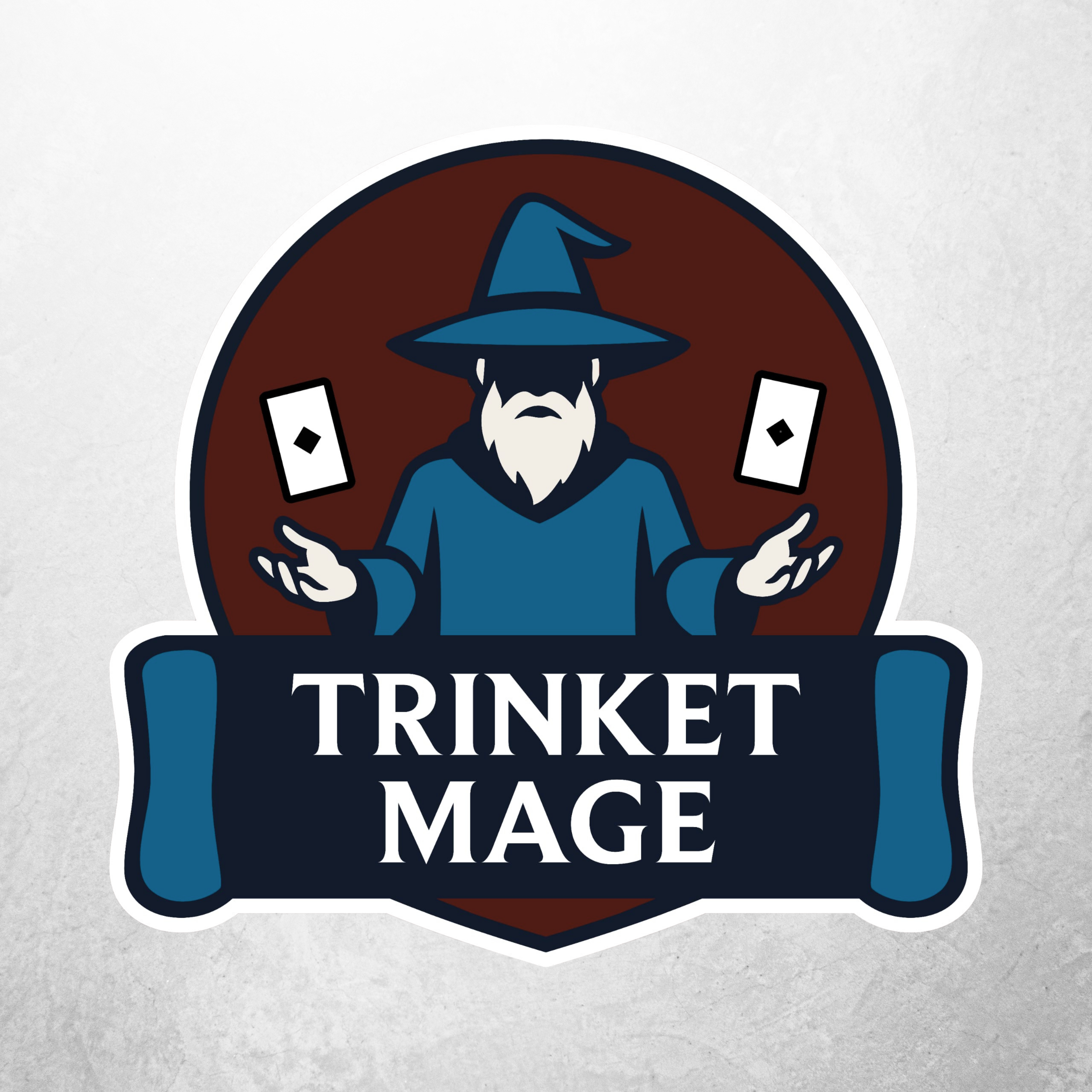 Trinket-Mage-Logo mit blau gekleidetem Zauberer und zwei schwebenden Sammelkarten.