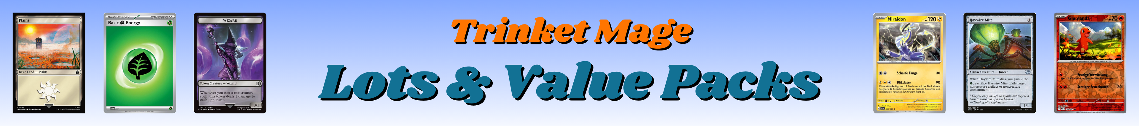 Desktop-Banner für Trinket Mage Lots & Value Packs mit verschiedenen Sammelkarten als Beispielabbildungen.