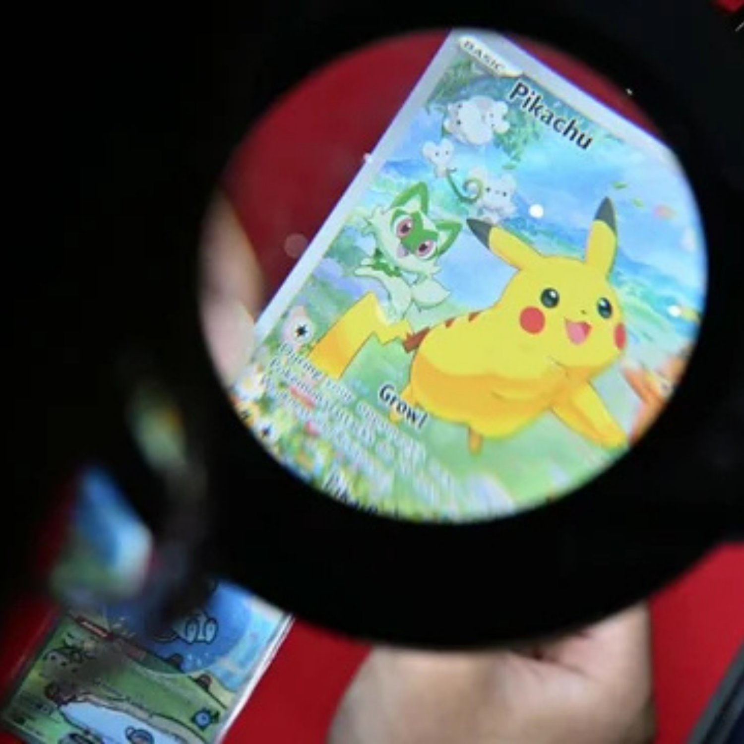 Pokémon Sammelkarte unter einer Lupe zur Prüfung von Zustand und Kartendetails.