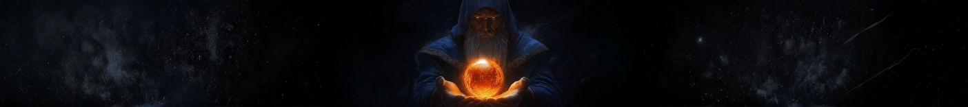 Breiter Desktop-Banner mit einem Zauberer, der eine leuchtende orange Kugel vor dunklem Hintergrund hält.