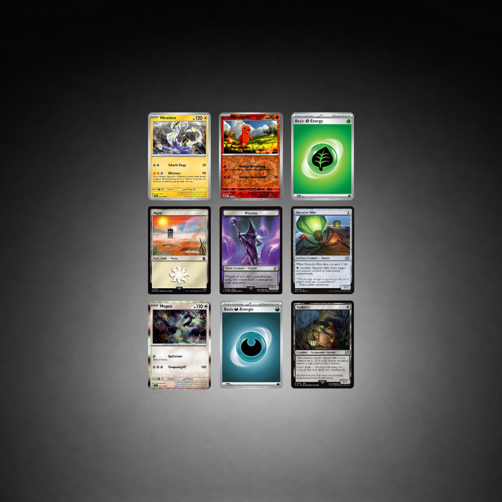 Raster mit verschiedenen Sammelkarten aus mehreren Trading Card Games auf dunklem Hintergrund.