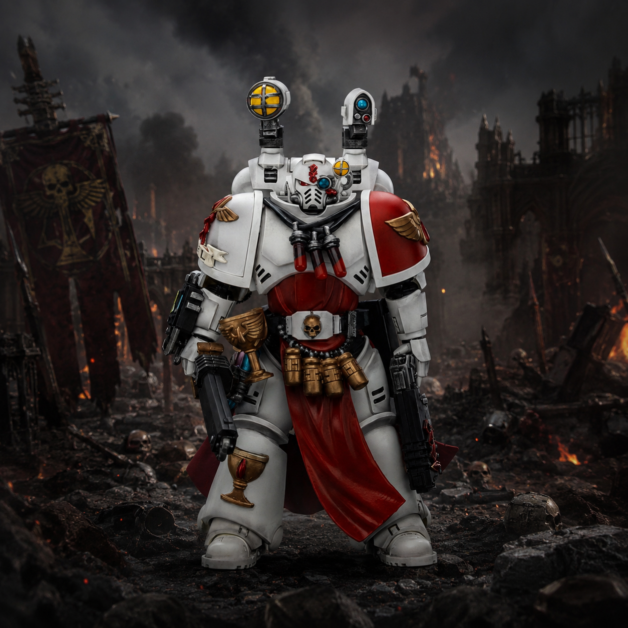 Bemalte Warhammer 40.000 Space Marine Miniatur vor einer zerstörten Schlachtfeldkulisse.