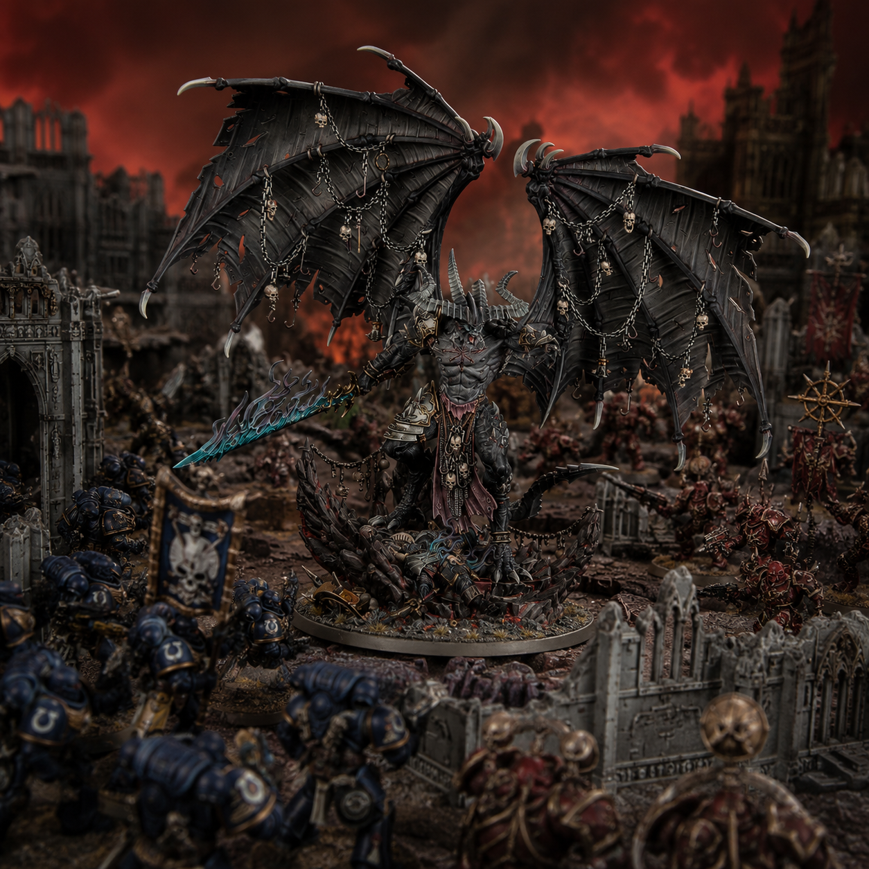 Ein Warhammer-40.000-Dämonenprinz steht auf einem Schlachtfeld zwischen Space Marines und Chaos-Einheiten.
