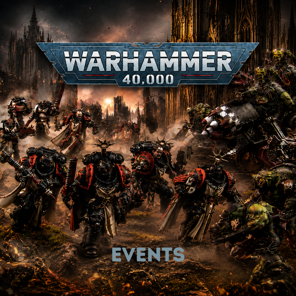 Warhammer-40.000-Events mit Space Marines und Orks auf einem Schlachtfeld als Event-Kategorie.