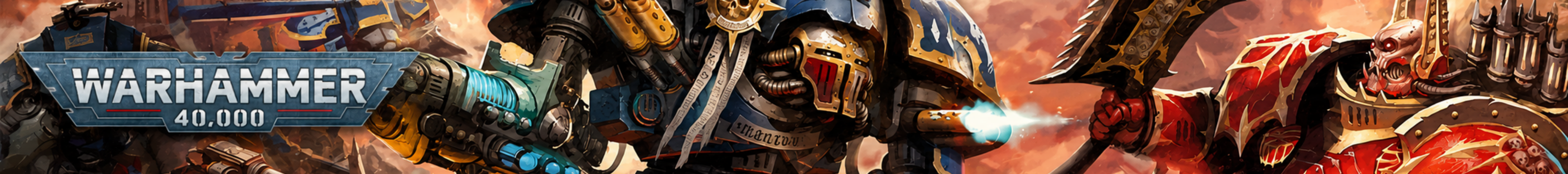 Warhammer-40.000-Hero-Banner mit Space Marines und Chaos Space Marines im Kampf vor zerstörter Stadtkulisse.