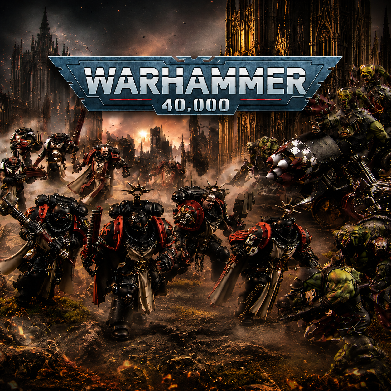 Warhammer-40.000-Kategoriebild mit Space Marines und Orks auf einem Schlachtfeld vor zerstörter Stadtkulisse.