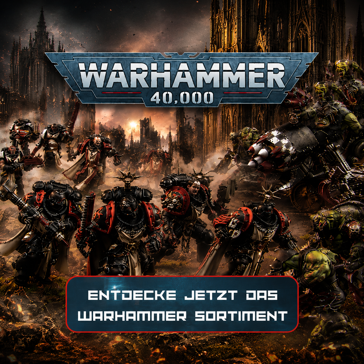 Mobiler Warhammer-40.000-Hero-Banner mit Space Marines, Orks und Hinweis auf das Warhammer-Sortiment.