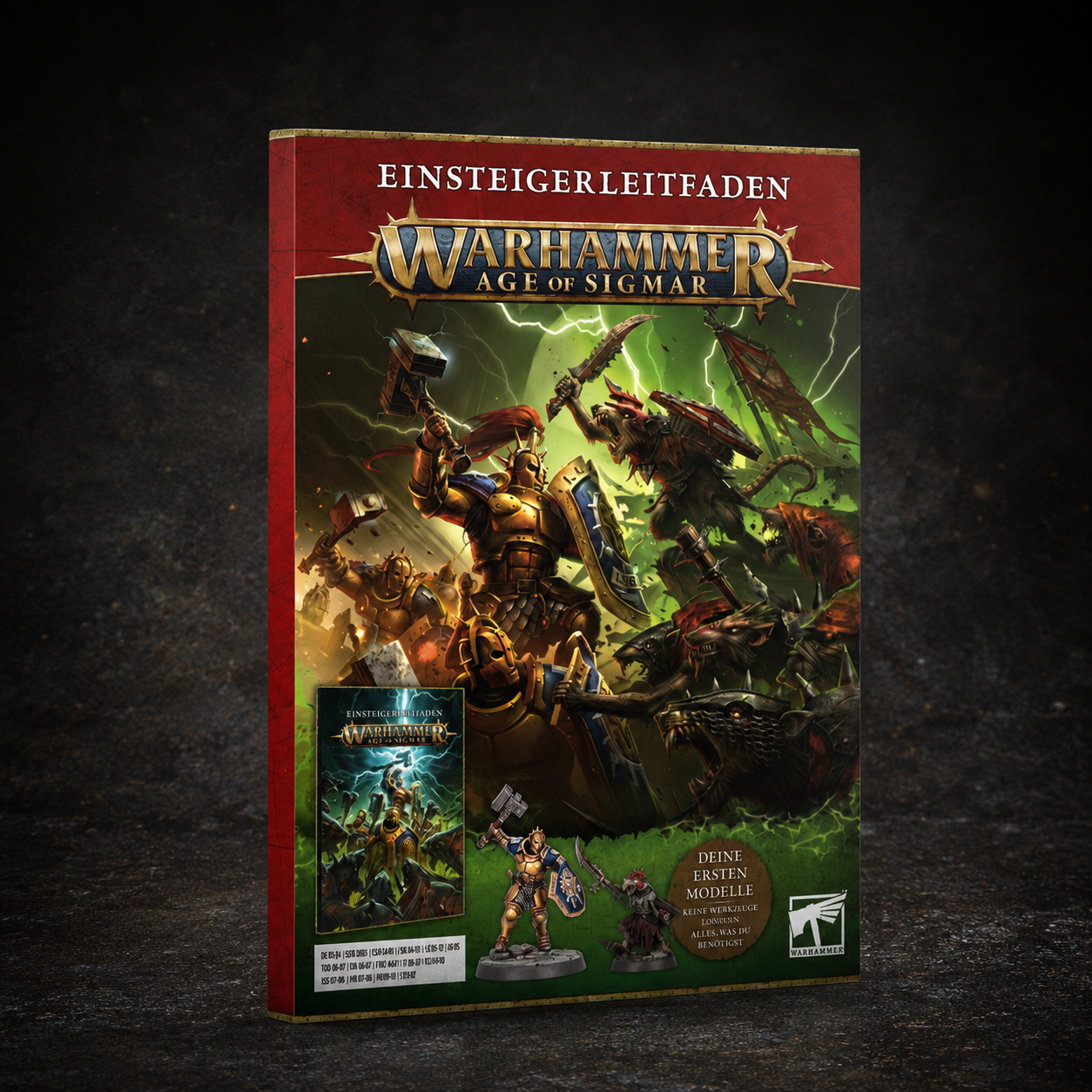 Warhammer Age of Sigmar Einsteigerleitfaden mit Startermodellen und Spielmaterial auf der Verpackung.