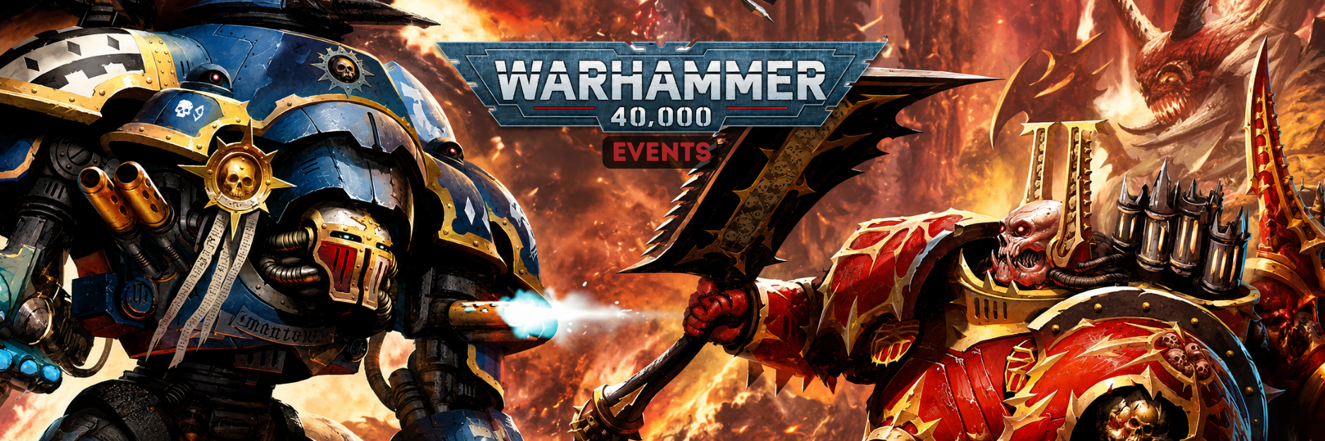 Mobiles Banner für Warhammer Events mit rotem Skelett Krieger, Imeprial Knight und Warhammer 40.000 Logo.