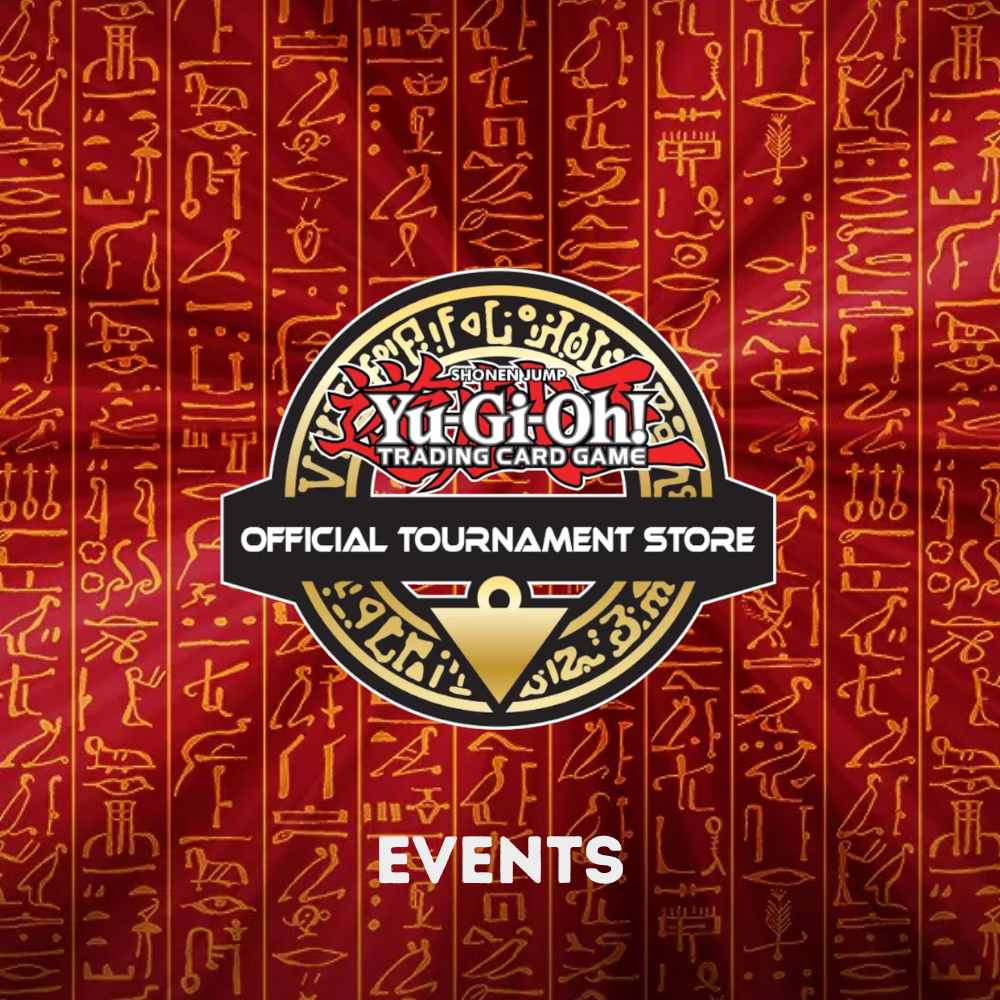 Yu-Gi-Oh! Official Tournament Store Logo mit Schriftzug Events vor Hintergrund mit Hieroglyphen.