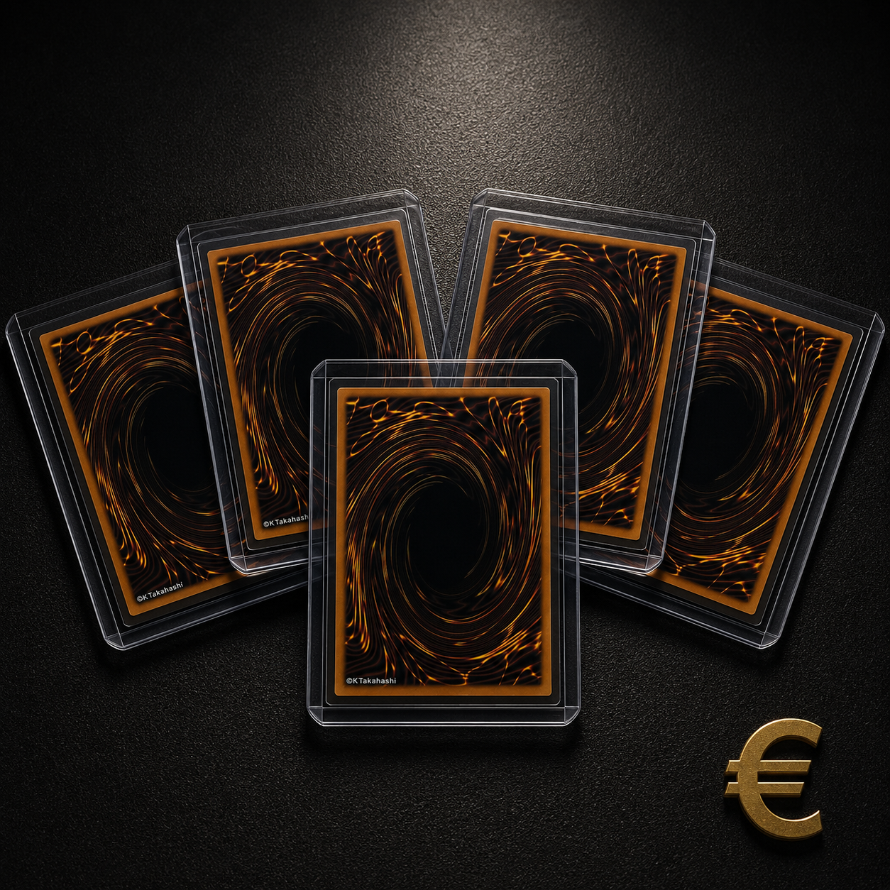 Vier Yu-Gi-Oh!-Karten in Schutzhüllen neben einem Euro-Symbol als Kategoriebild für Kartenankauf.