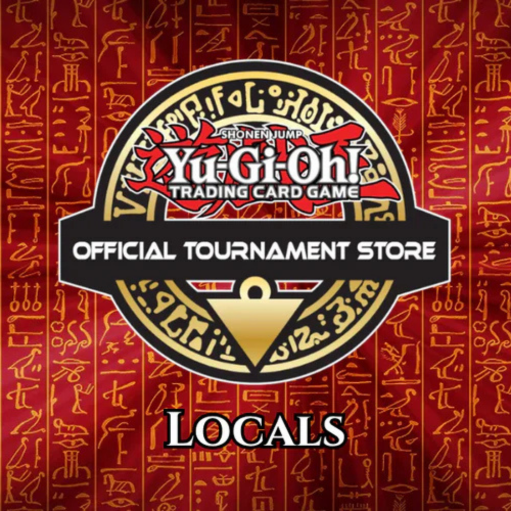 Official Tournament Store Logo von Yu-Gi-Oh! mit Hinweis auf Locals vor Hintergrund mit Hieroglyphen.